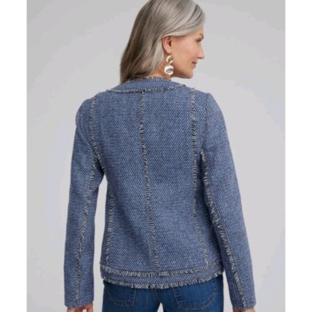 Chico's Blue Tweed Fringe Jacket - Picture 2 of 16